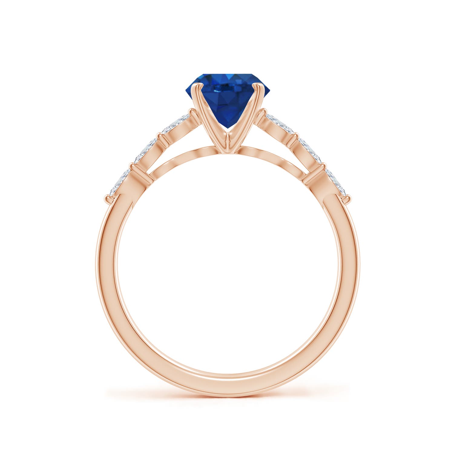 6.5mm AAA Round Blue Sapphire Engagement Ring with Marquise Diamonds in Rose Gold