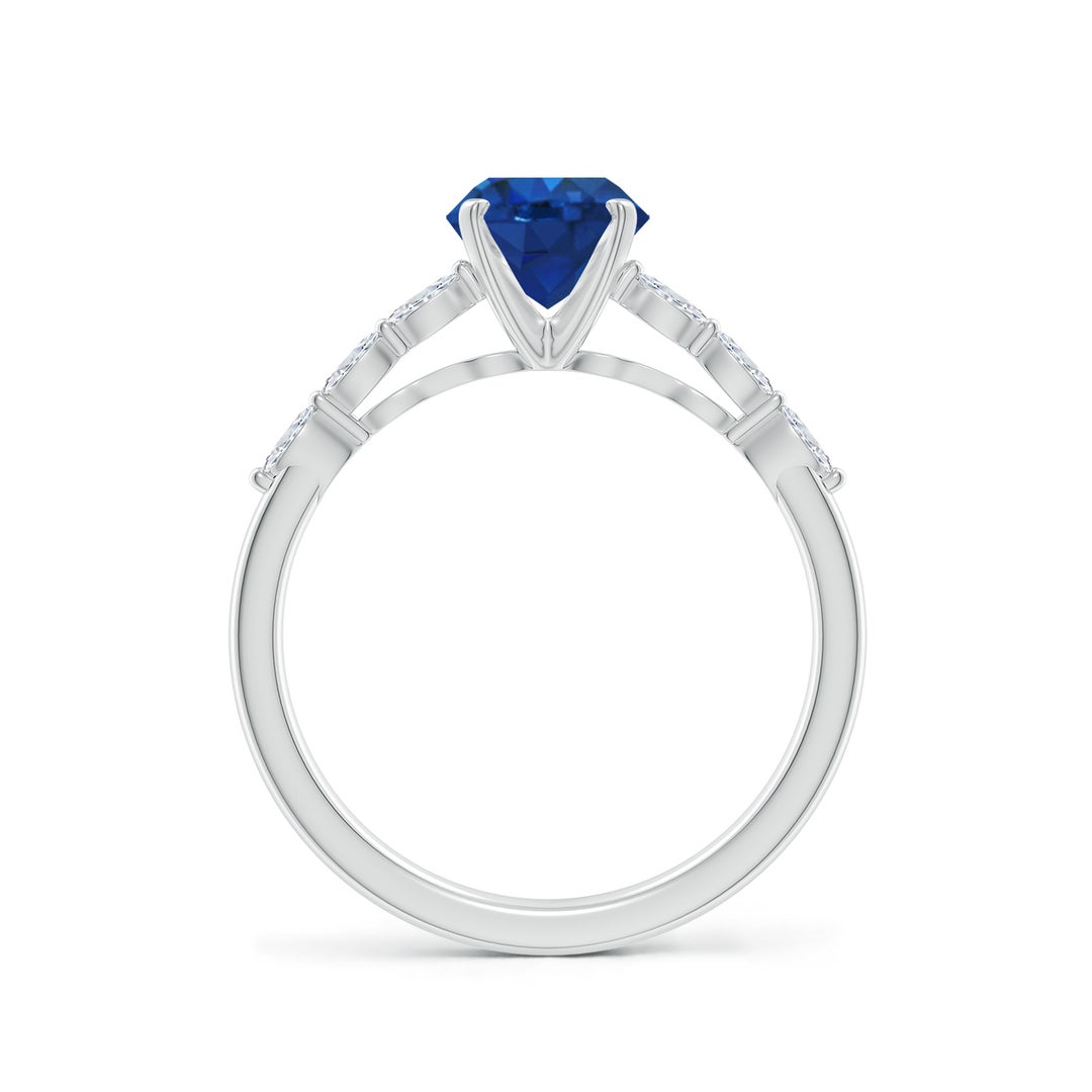 6.5mm AAA Round Blue Sapphire Engagement Ring with Marquise Diamonds in White Gold - side 2