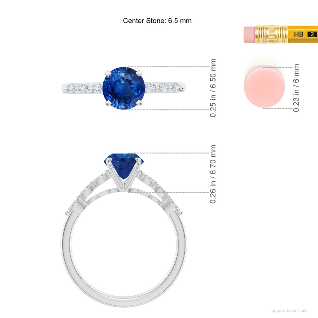 6.5mm AAA Round Blue Sapphire Engagement Ring with Marquise Diamonds in White Gold - ruler
