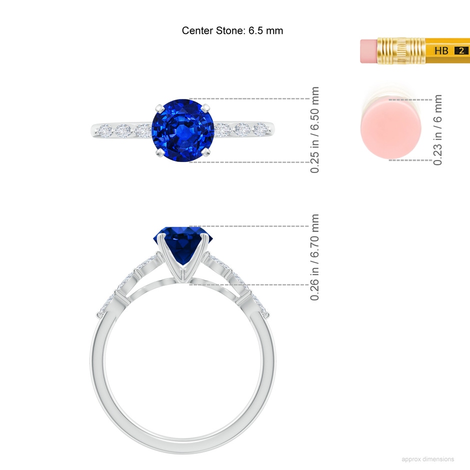 6.5mm AAAA Round Blue Sapphire Engagement Ring with Marquise Diamonds in 18K White Gold ruler