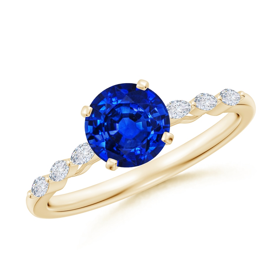 6.5mm AAAA Round Blue Sapphire Engagement Ring with Marquise Diamonds in 18K Yellow Gold 
