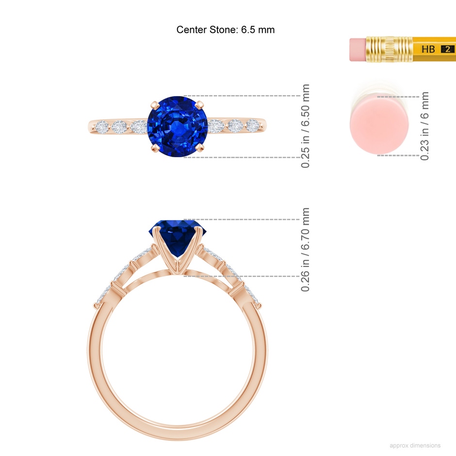 6.5mm AAAA Round Blue Sapphire Engagement Ring with Marquise Diamonds in Rose Gold ruler