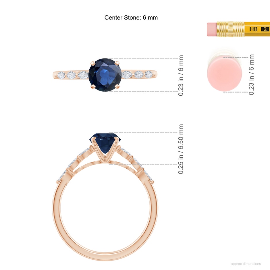 6mm AA Round Blue Sapphire Engagement Ring with Marquise Diamonds in Rose Gold ruler