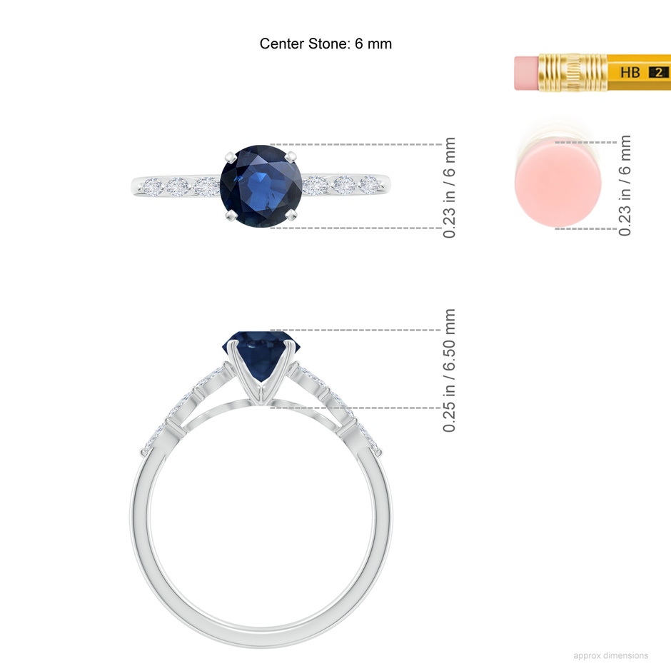 6mm AA Round Blue Sapphire Engagement Ring with Marquise Diamonds in White Gold ruler