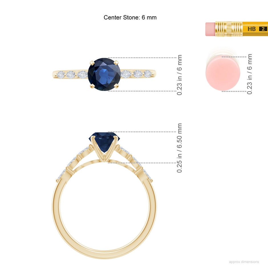 6mm AA Round Blue Sapphire Engagement Ring with Marquise Diamonds in Yellow Gold ruler