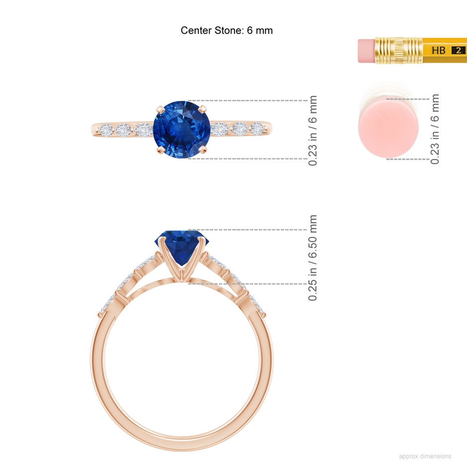 6mm AAA Round Blue Sapphire Engagement Ring with Marquise Diamonds in Rose Gold ruler