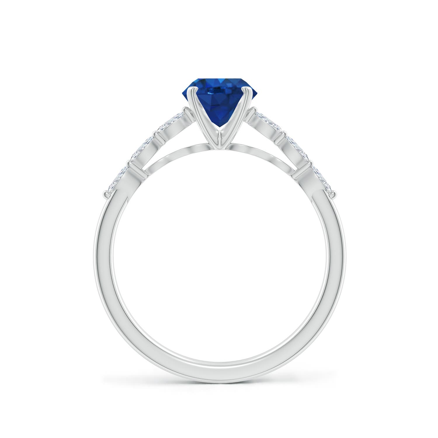 6mm AAA Round Blue Sapphire Engagement Ring with Marquise Diamonds in White Gold