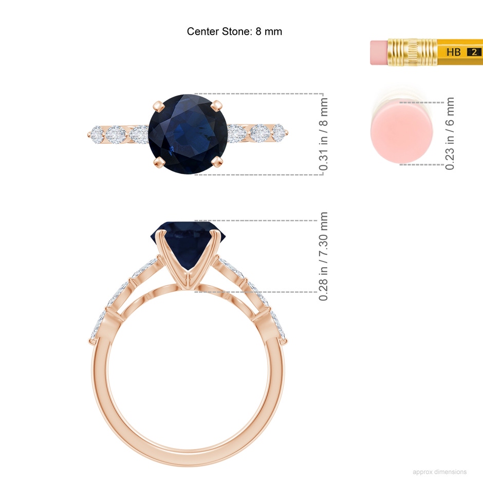 8mm A Round Blue Sapphire Engagement Ring with Marquise Diamonds in Rose Gold ruler