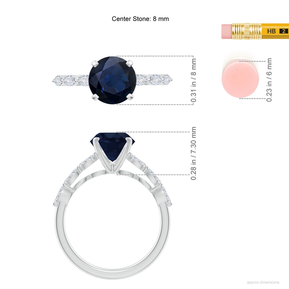 8mm A Round Blue Sapphire Engagement Ring with Marquise Diamonds in White Gold ruler