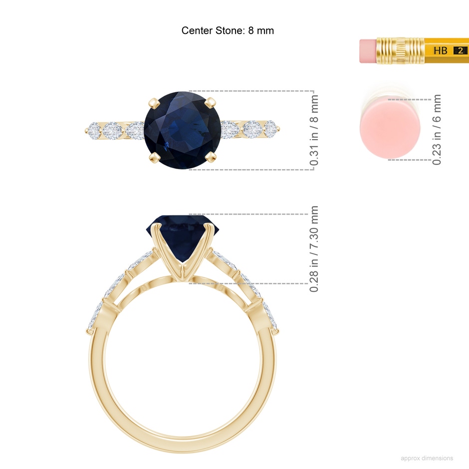 8mm A Round Blue Sapphire Engagement Ring with Marquise Diamonds in Yellow Gold ruler