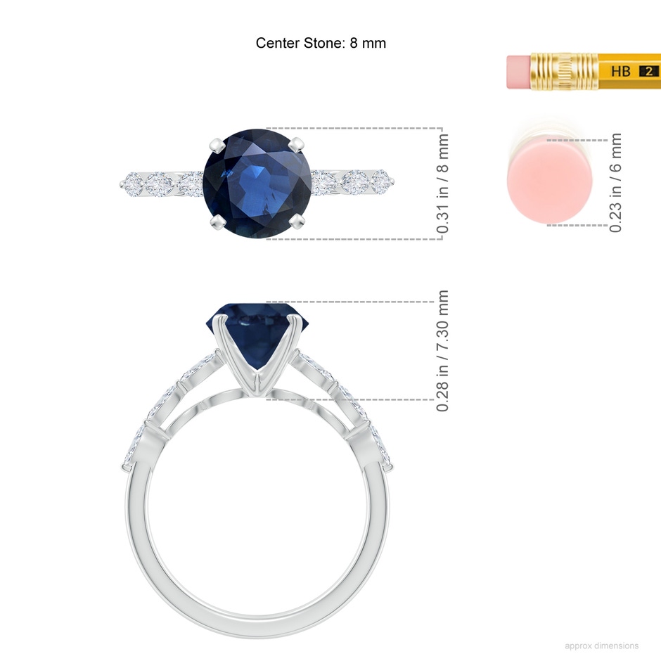 8mm AA Round Blue Sapphire Engagement Ring with Marquise Diamonds in P950 Platinum ruler