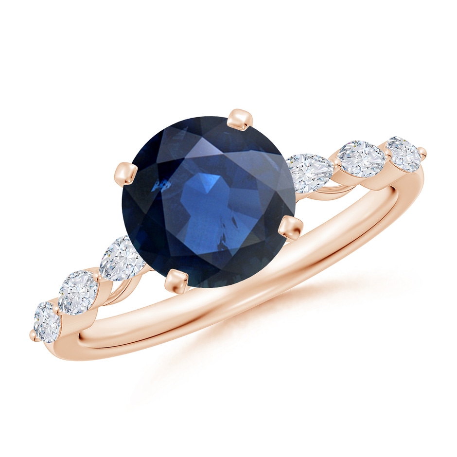 8mm AA Round Blue Sapphire Engagement Ring with Marquise Diamonds in Rose Gold 