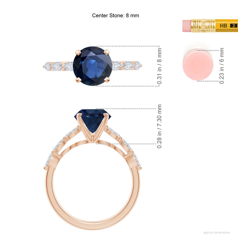 8mm AA Round Blue Sapphire Engagement Ring with Marquise Diamonds in Rose Gold ruler