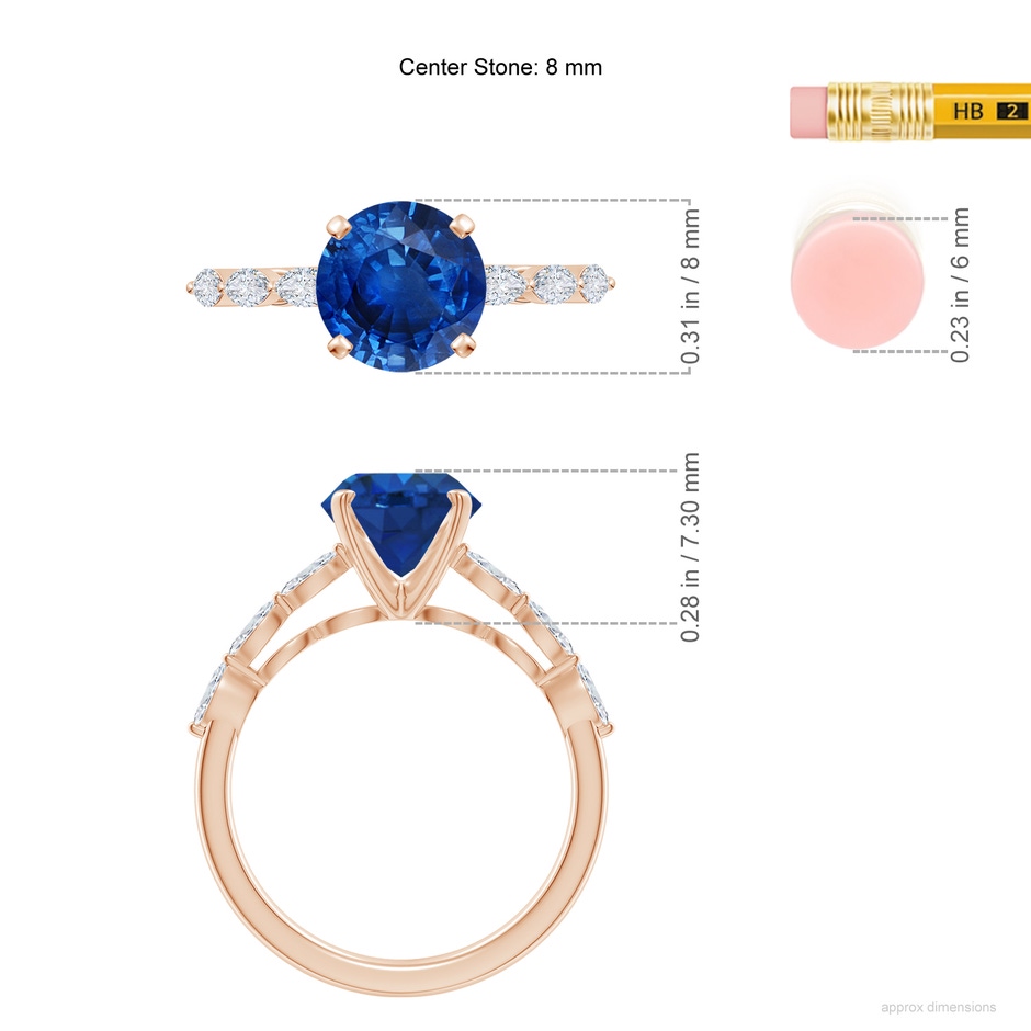 8mm AAA Round Blue Sapphire Engagement Ring with Marquise Diamonds in Rose Gold ruler