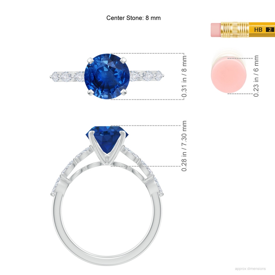 8mm AAA Round Blue Sapphire Engagement Ring with Marquise Diamonds in White Gold ruler