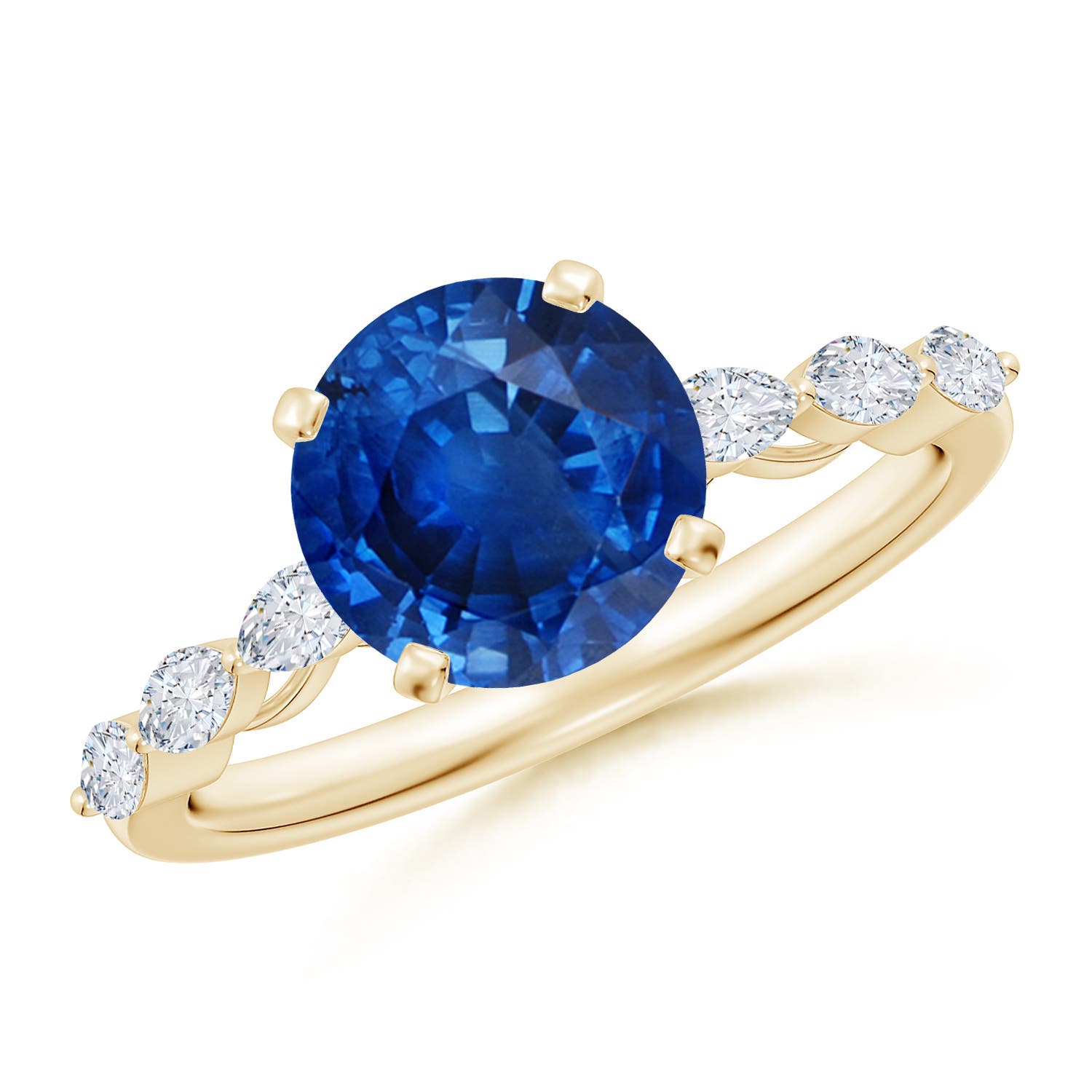 8mm AAA Round Blue Sapphire Engagement Ring with Marquise Diamonds in Yellow Gold