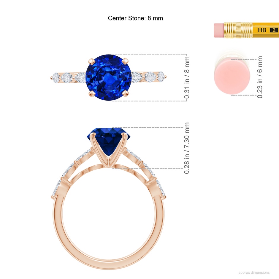 8mm AAAA Round Blue Sapphire Engagement Ring with Marquise Diamonds in Rose Gold ruler