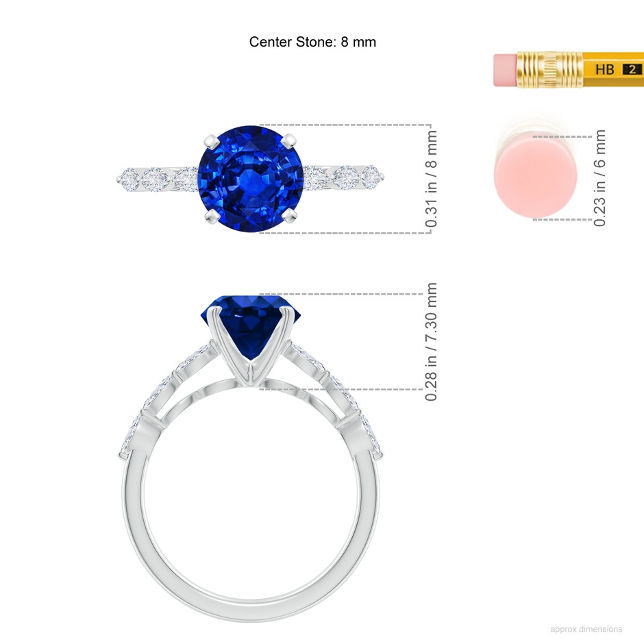 8mm Lab-Grown Round Blue Sapphire Engagement Ring with Marquise Diamonds in White Gold ruler