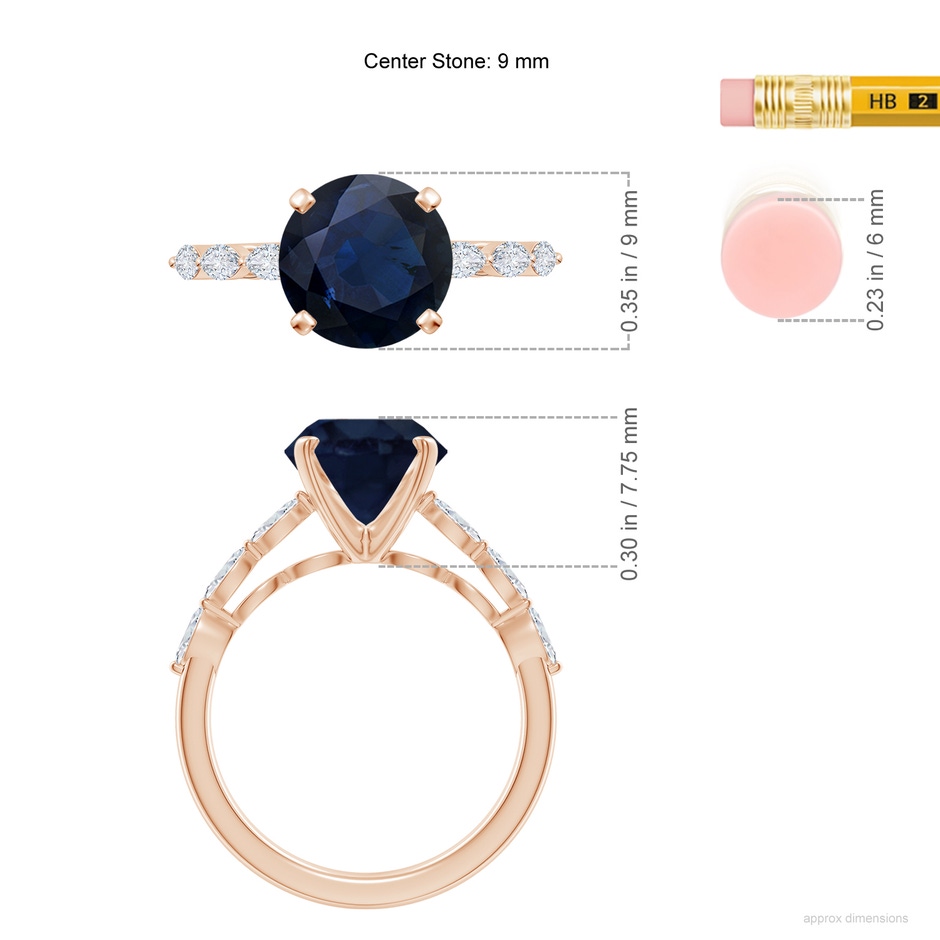 9mm A Round Blue Sapphire Engagement Ring with Marquise Diamonds in Rose Gold ruler