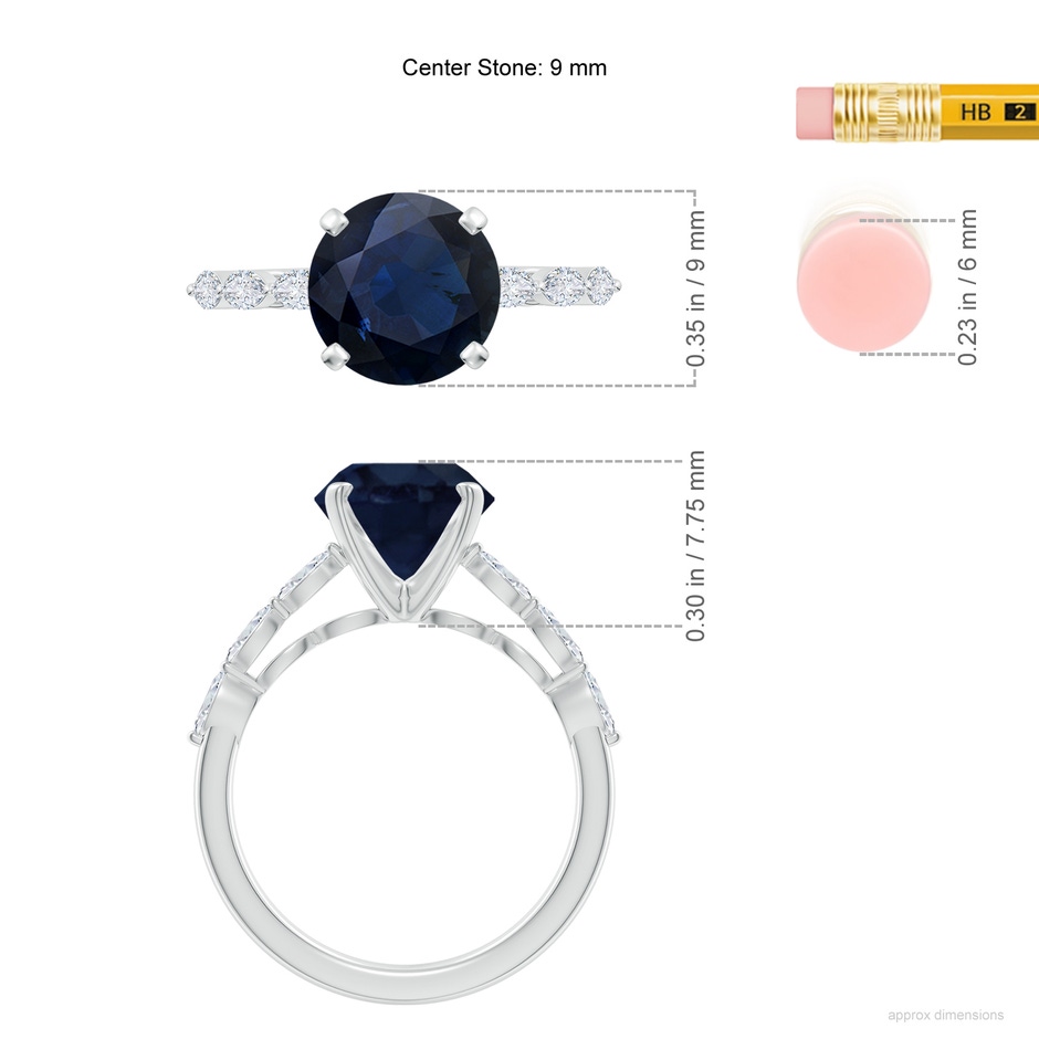 9mm A Round Blue Sapphire Engagement Ring with Marquise Diamonds in White Gold ruler