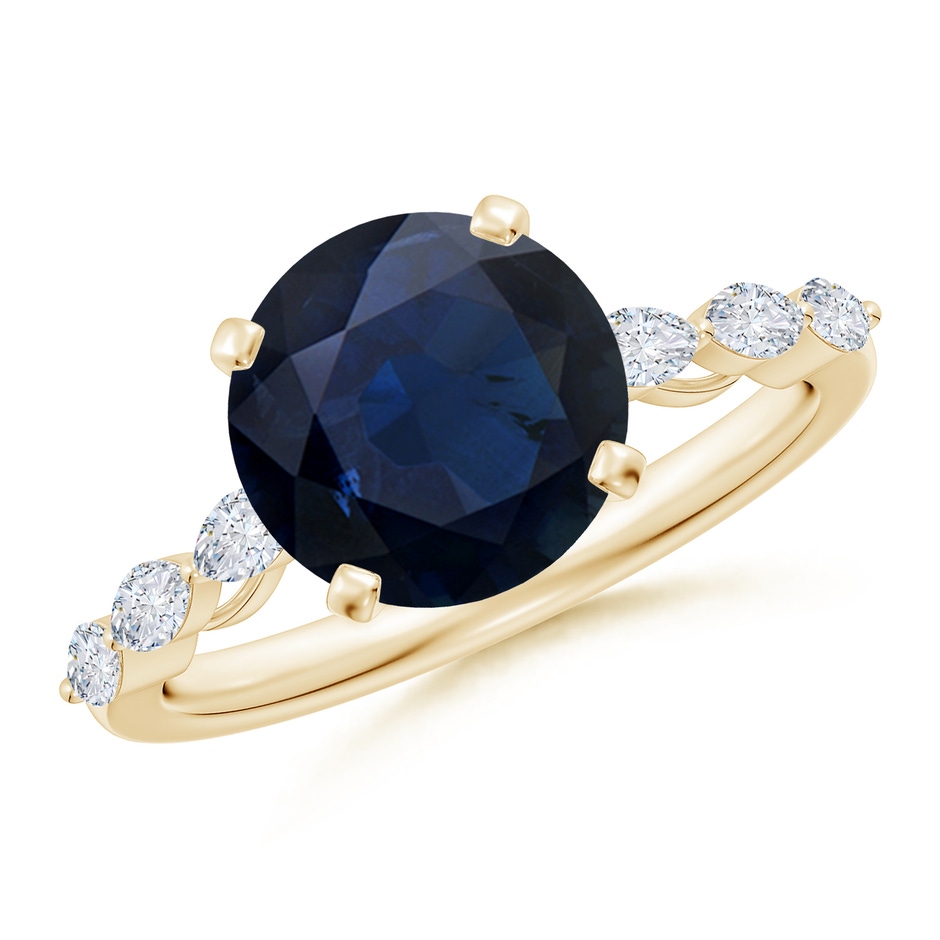 9mm A Round Blue Sapphire Engagement Ring with Marquise Diamonds in Yellow Gold 
