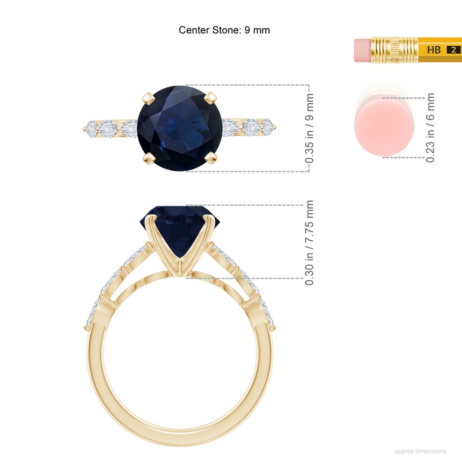 9mm A Round Blue Sapphire Engagement Ring with Marquise Diamonds in Yellow Gold ruler