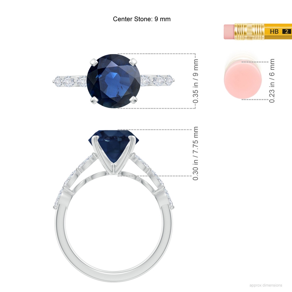 9mm AA Round Blue Sapphire Engagement Ring with Marquise Diamonds in P950 Platinum ruler
