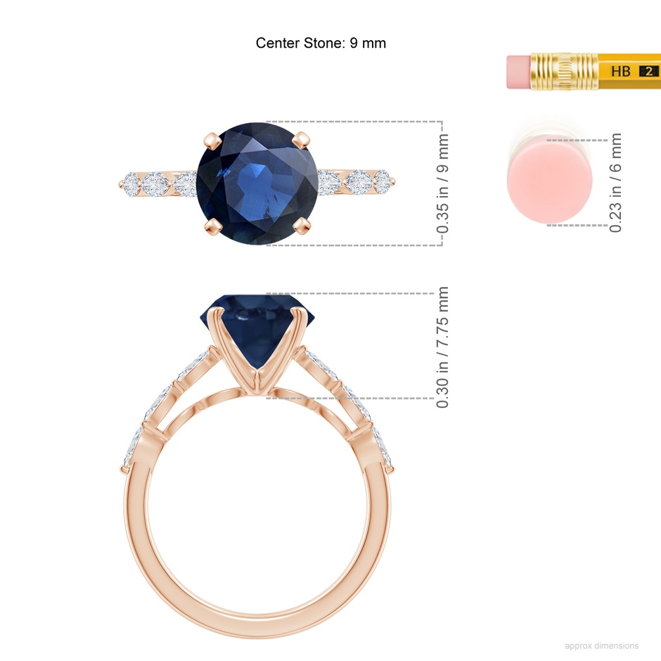 9mm AA Round Blue Sapphire Engagement Ring with Marquise Diamonds in Rose Gold ruler