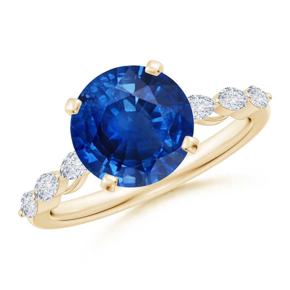 9mm AAA Round Blue Sapphire Engagement Ring with Marquise Diamonds in Yellow Gold 