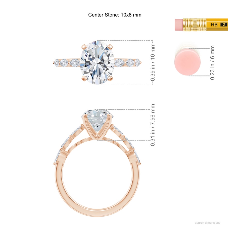 10x8mm GVS2 Oval Diamond Engagement Ring with Marquise Accents in Rose Gold ruler