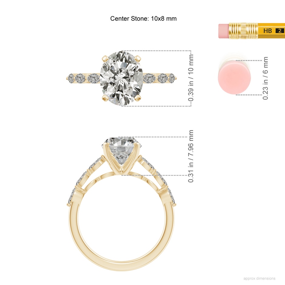 10x8mm KI3 Oval Diamond Engagement Ring with Marquise Accents in Yellow Gold ruler