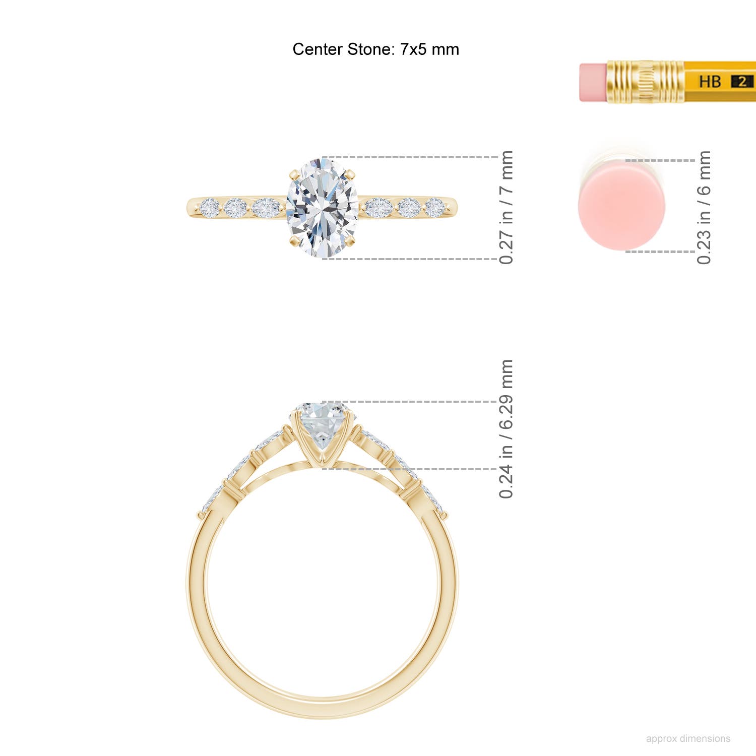 7x5mm GVS2 Oval Diamond Engagement Ring with Marquise Accents in Yellow Gold - ruler