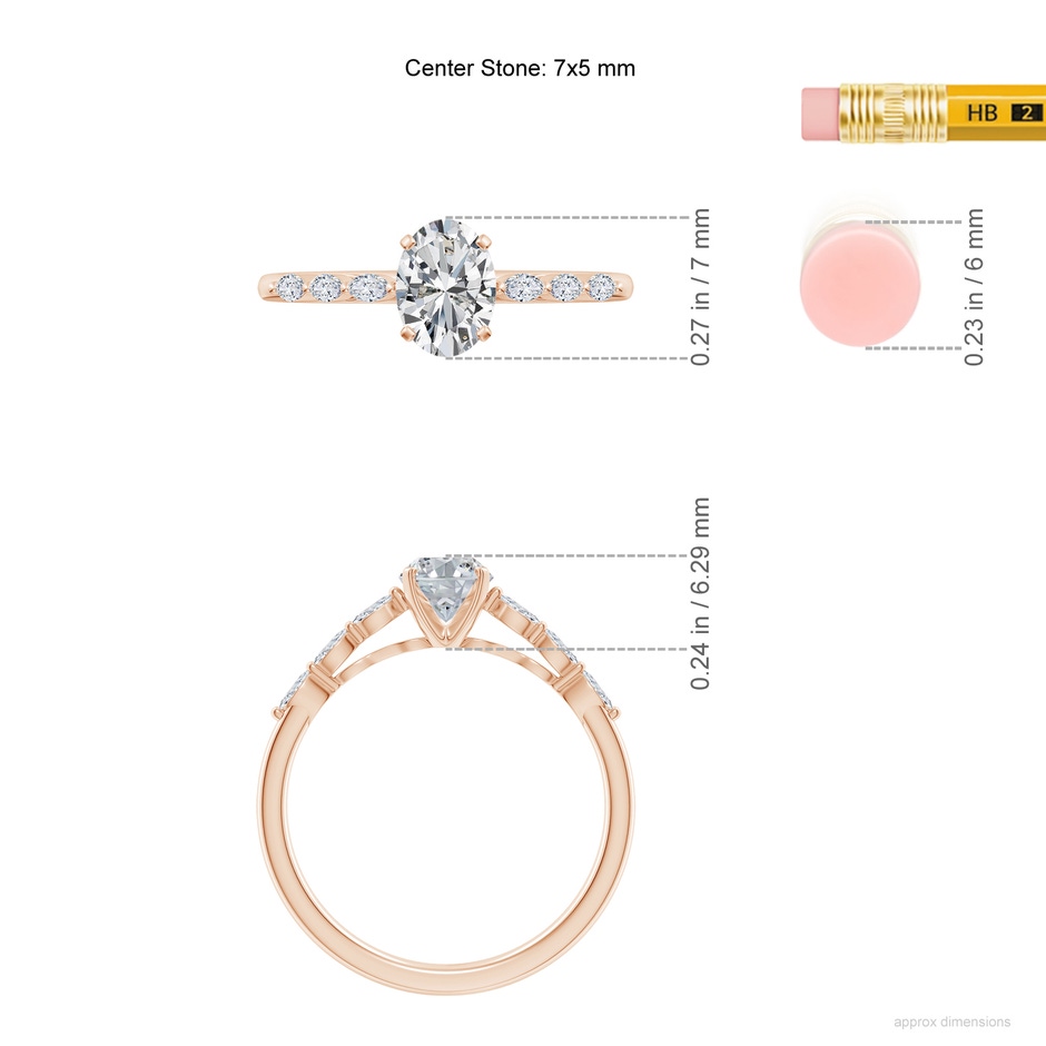 7x5mm HSI2 Oval Diamond Engagement Ring with Marquise Accents in Rose Gold ruler
