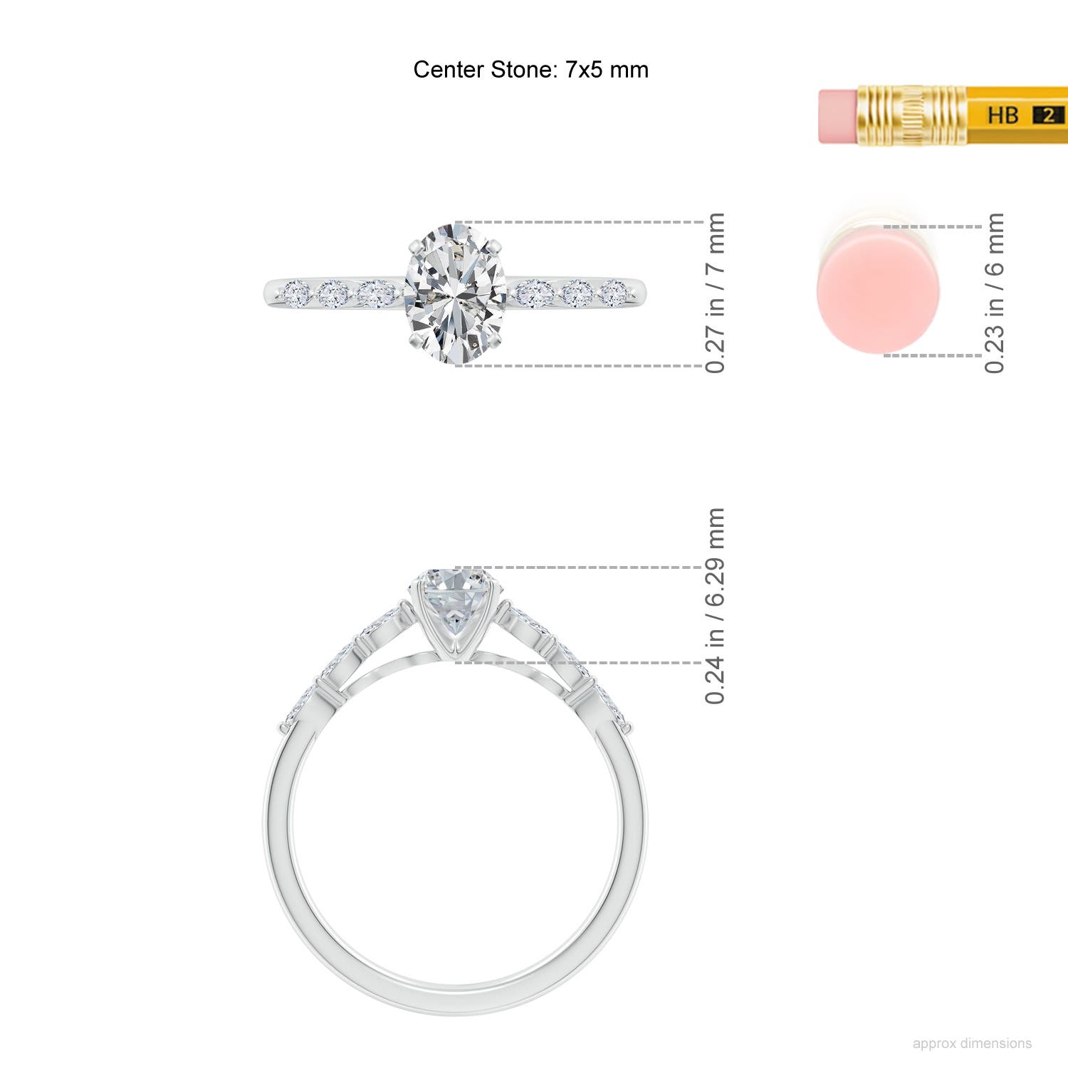 7x5mm HSI2 Oval Diamond Engagement Ring with Marquise Accents in White Gold - ruler