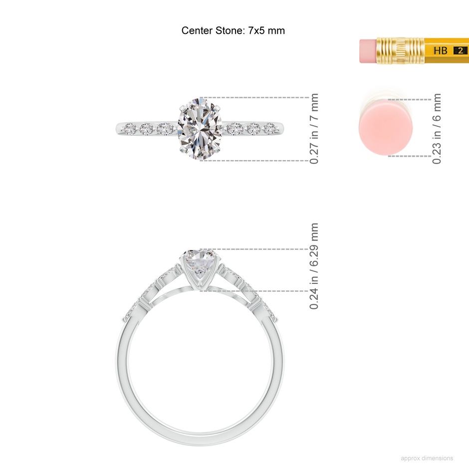 7x5mm IJI1I2 Oval Diamond Engagement Ring with Marquise Accents in White Gold ruler