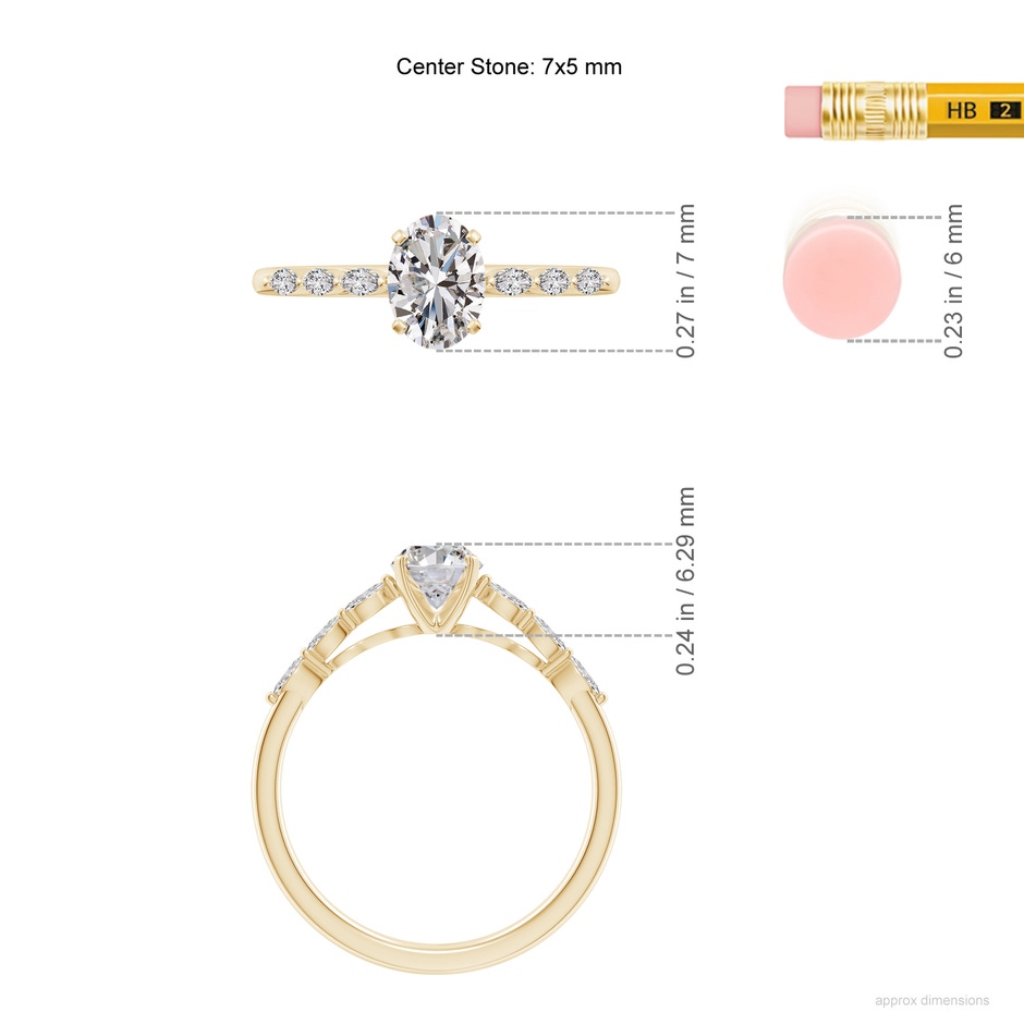 7x5mm IJI1I2 Oval Diamond Engagement Ring with Marquise Accents in Yellow Gold ruler