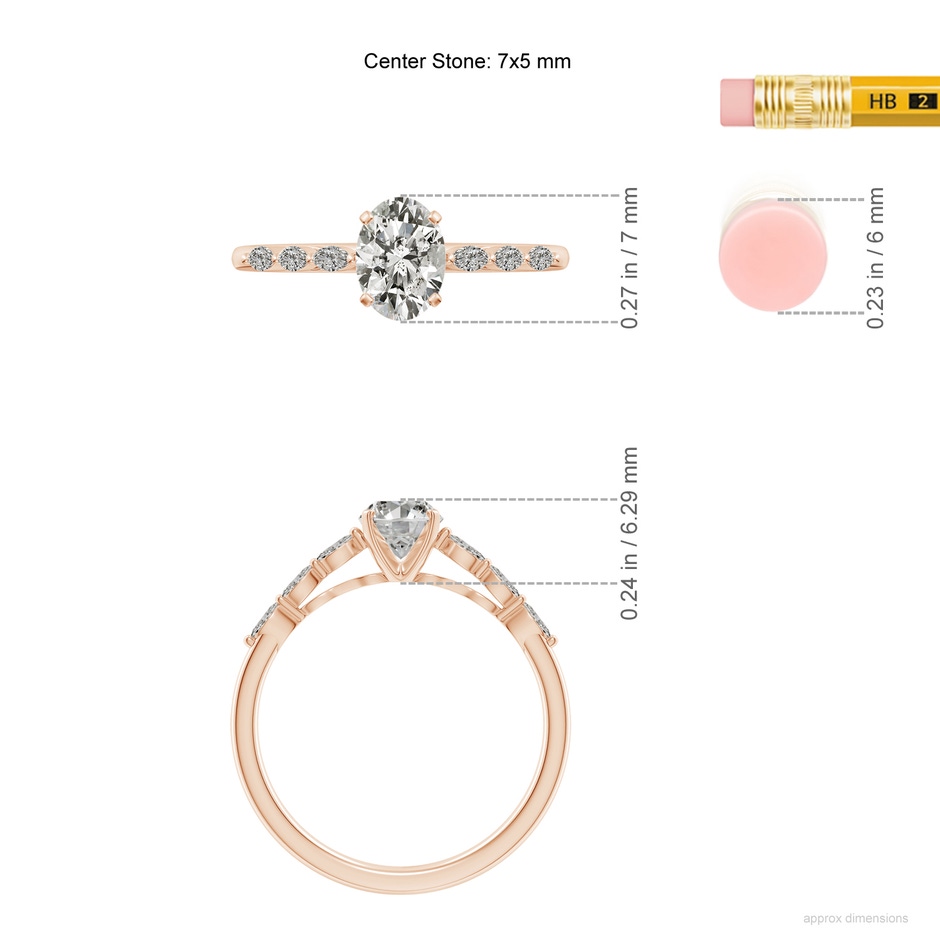 7x5mm KI3 Oval Diamond Engagement Ring with Marquise Accents in Rose Gold ruler