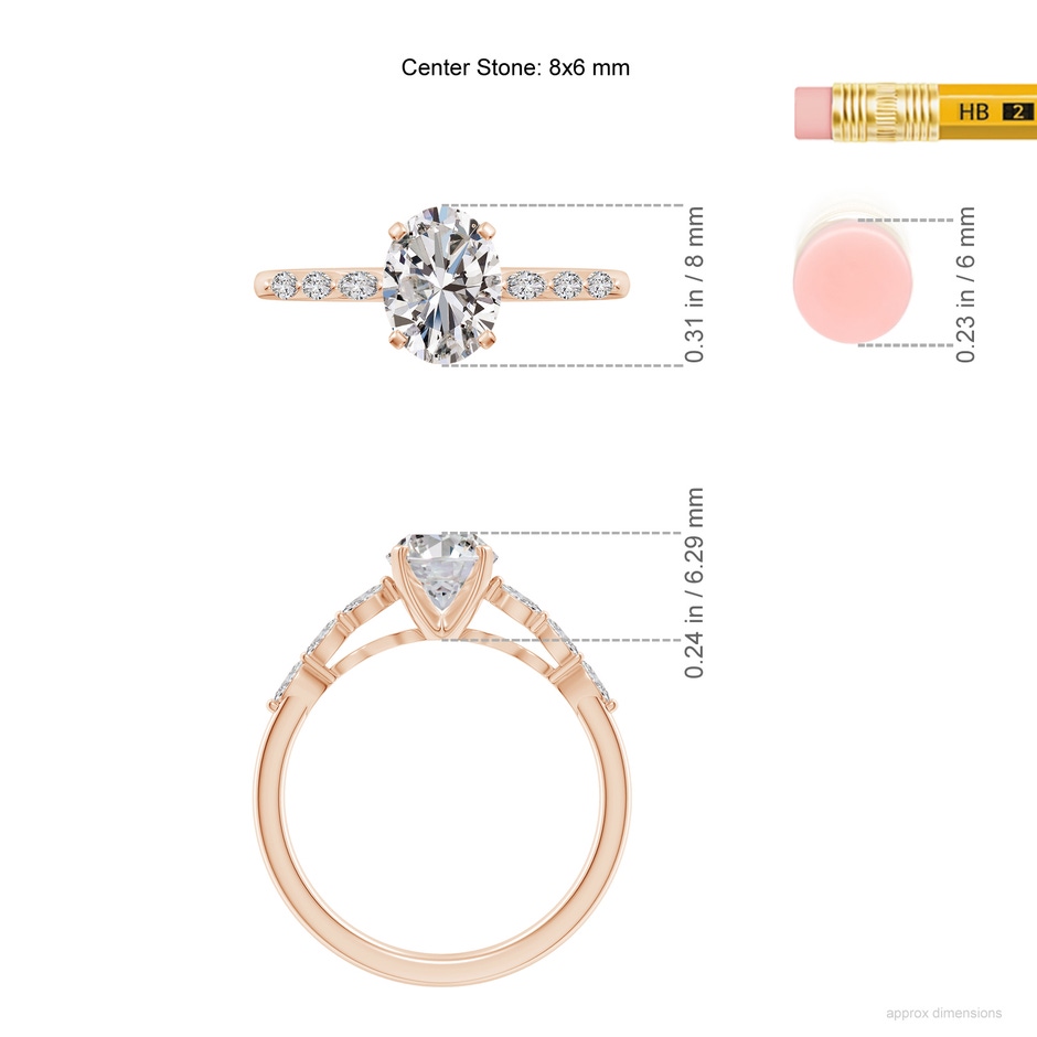 8x6mm IJI1I2 Oval Diamond Engagement Ring with Marquise Accents in Rose Gold ruler
