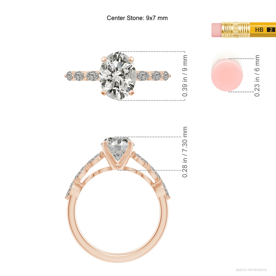 9x7mm KI3 Oval Diamond Engagement Ring with Marquise Accents in Rose Gold ruler
