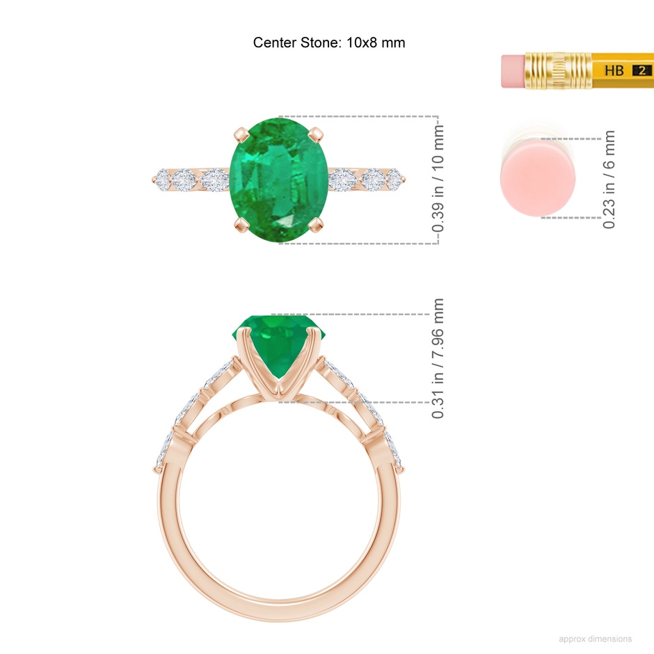 10x8mm AA Oval Emerald Engagement Ring with Marquise Diamonds in Rose Gold ruler