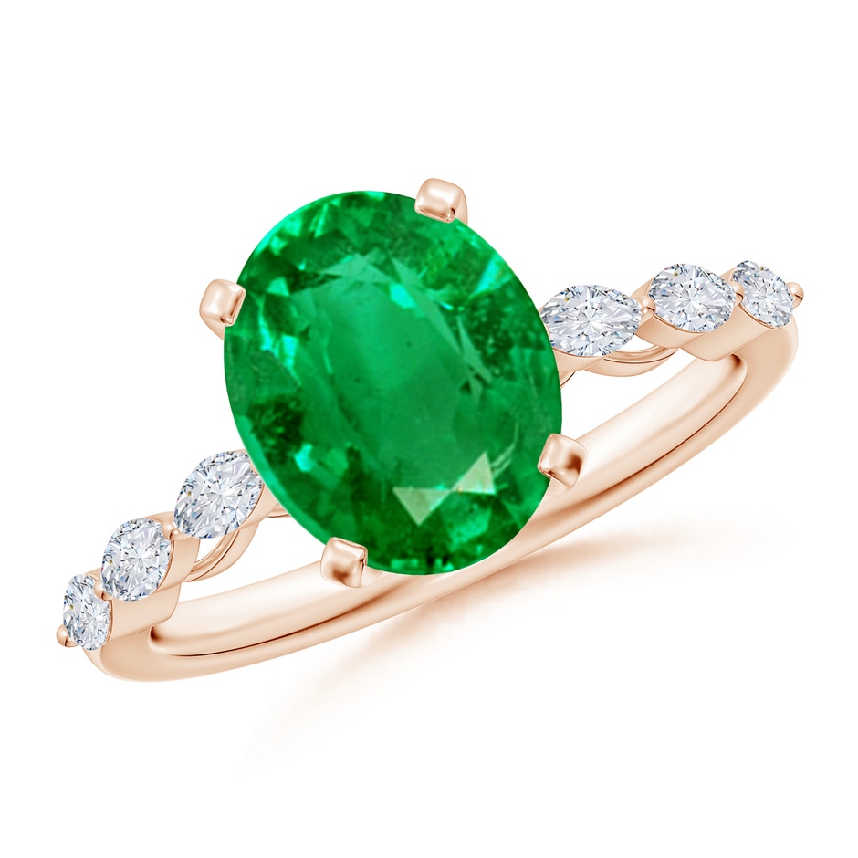 10x8mm AAA Oval Emerald Engagement Ring with Marquise Diamonds in Rose Gold 