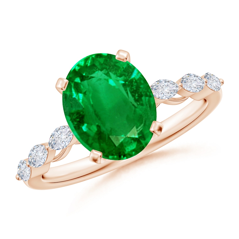 10x8mm AAAA Oval Emerald Engagement Ring with Marquise Diamonds in Rose Gold 
