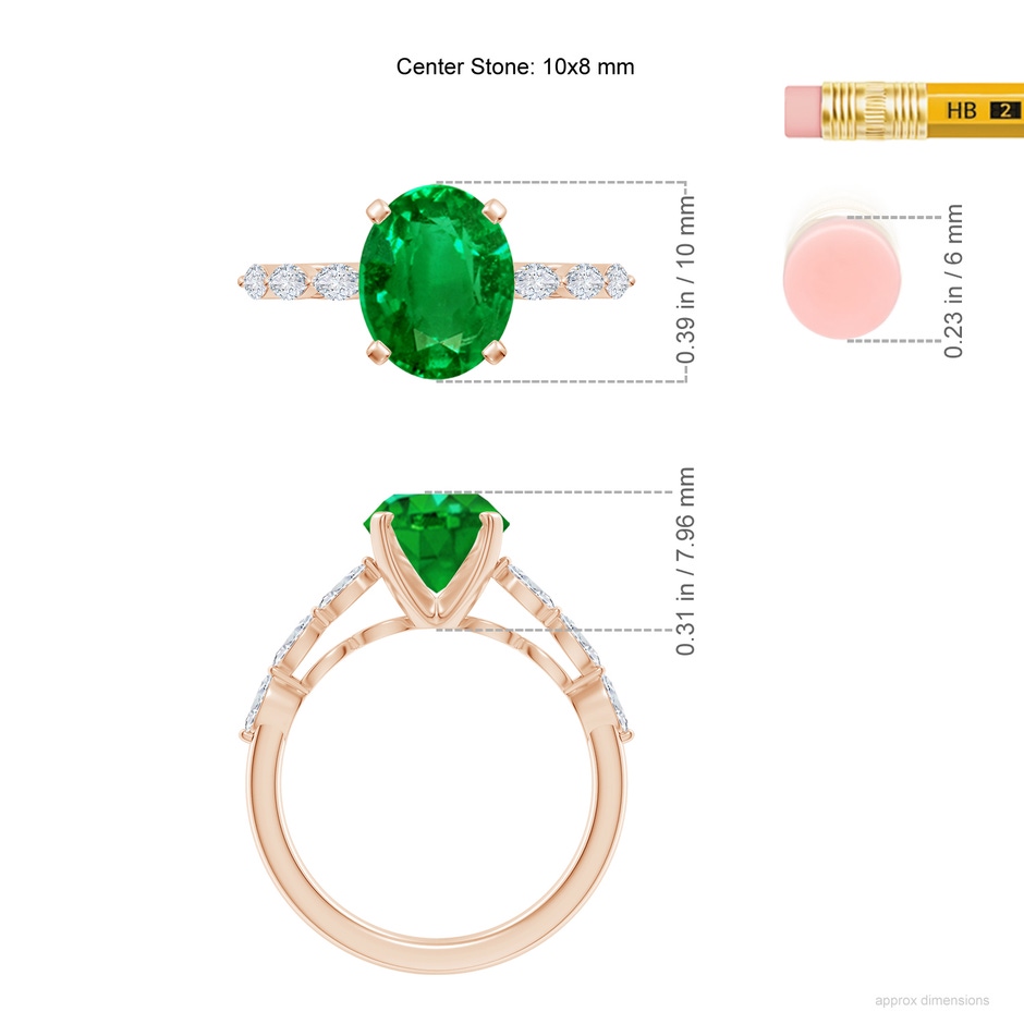 10x8mm AAAA Oval Emerald Engagement Ring with Marquise Diamonds in Rose Gold ruler