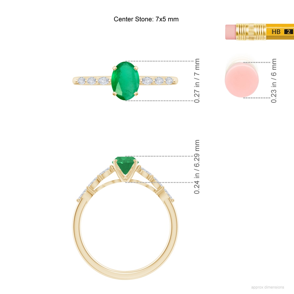 7x5mm A Oval Emerald Engagement Ring with Marquise Diamonds in Yellow Gold ruler