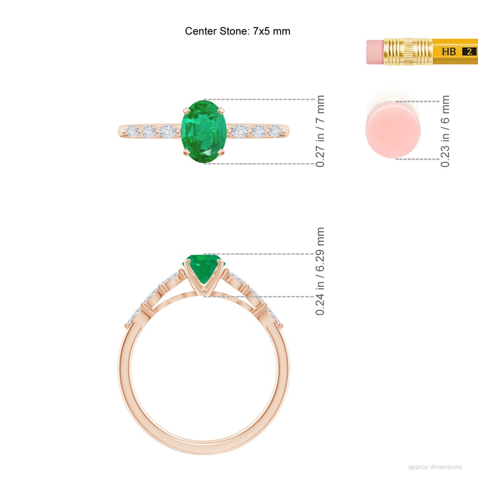 7x5mm AA Oval Emerald Engagement Ring with Marquise Diamonds in Rose Gold ruler