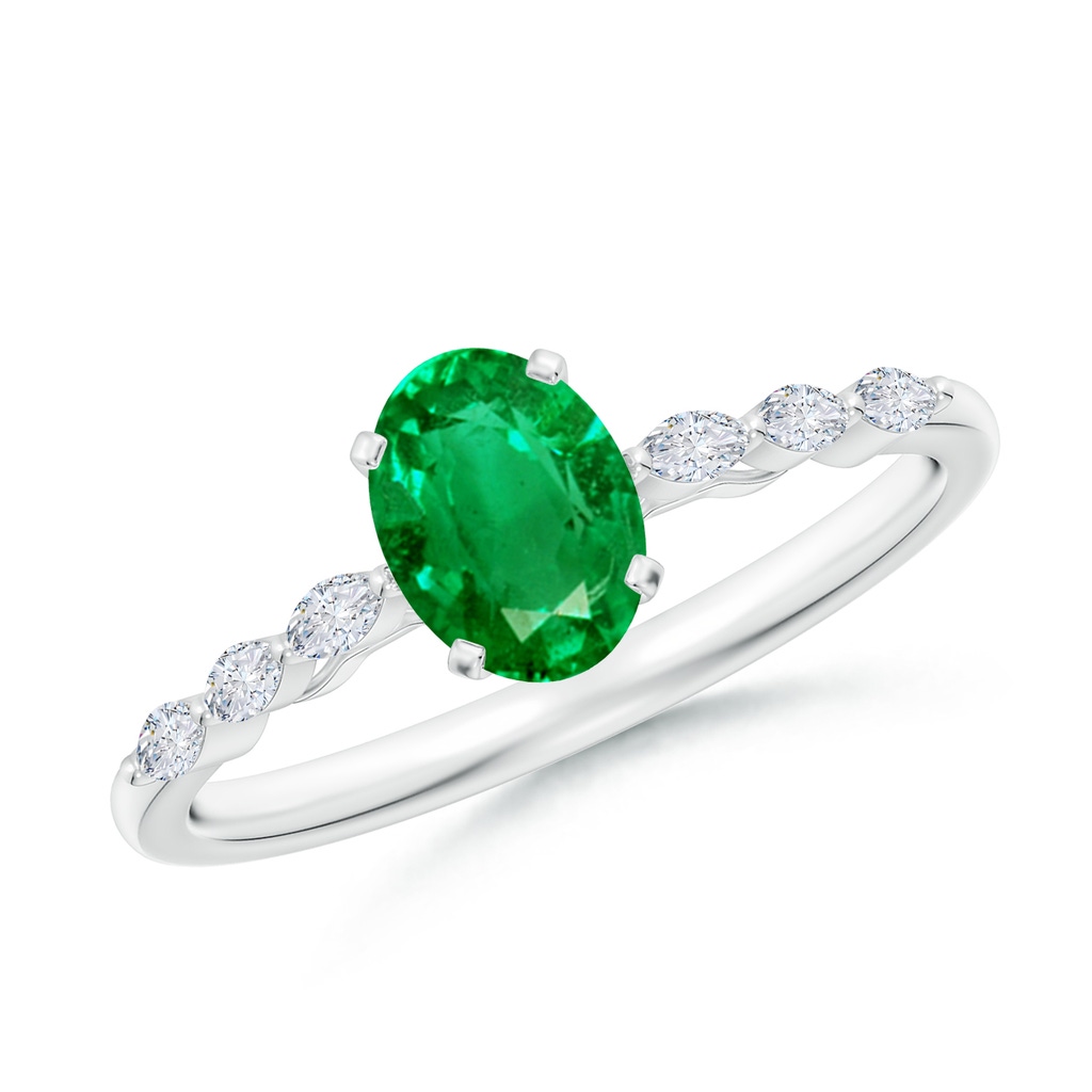 7x5mm AAA Oval Emerald Engagement Ring with Marquise Diamonds in White Gold