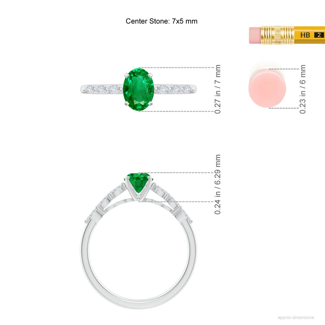 7x5mm AAA Oval Emerald Engagement Ring with Marquise Diamonds in White Gold - ruler