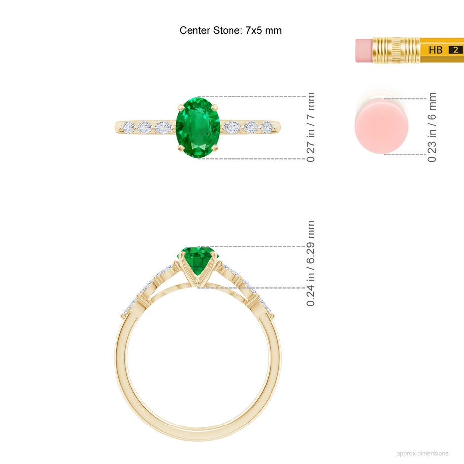 7x5mm AAA Oval Emerald Engagement Ring with Marquise Diamonds in Yellow Gold ruler