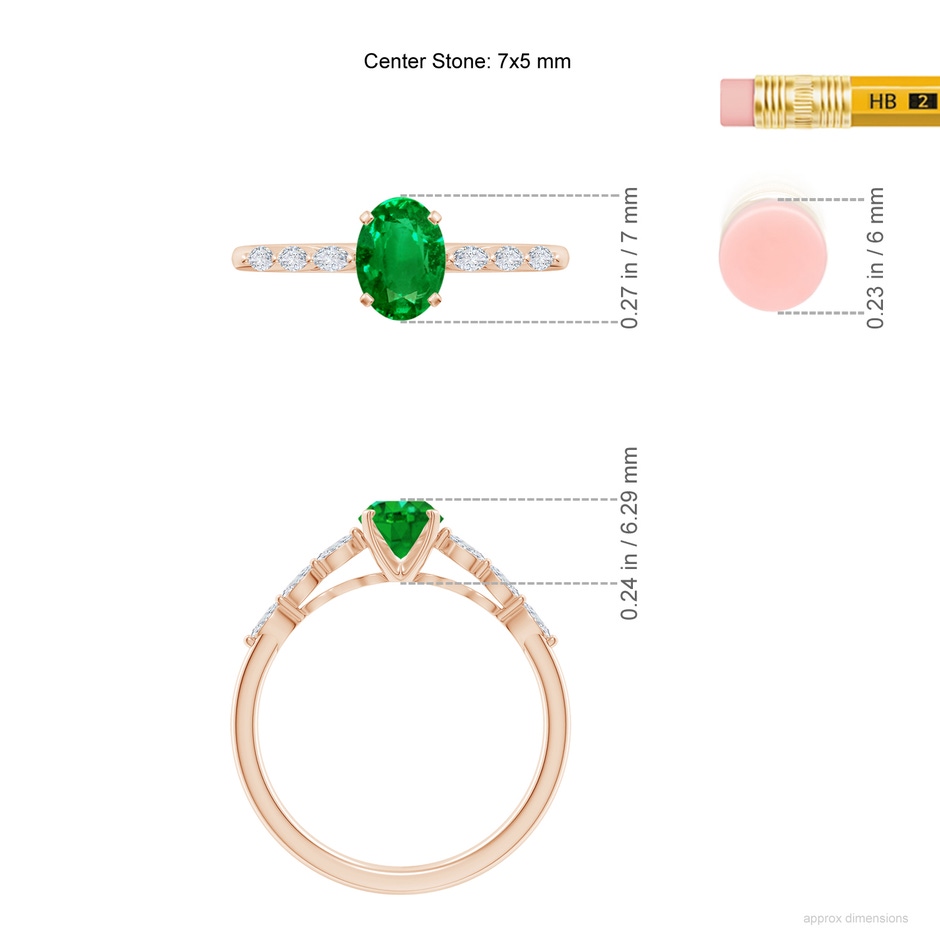 7x5mm AAAA Oval Emerald Engagement Ring with Marquise Diamonds in Rose Gold ruler