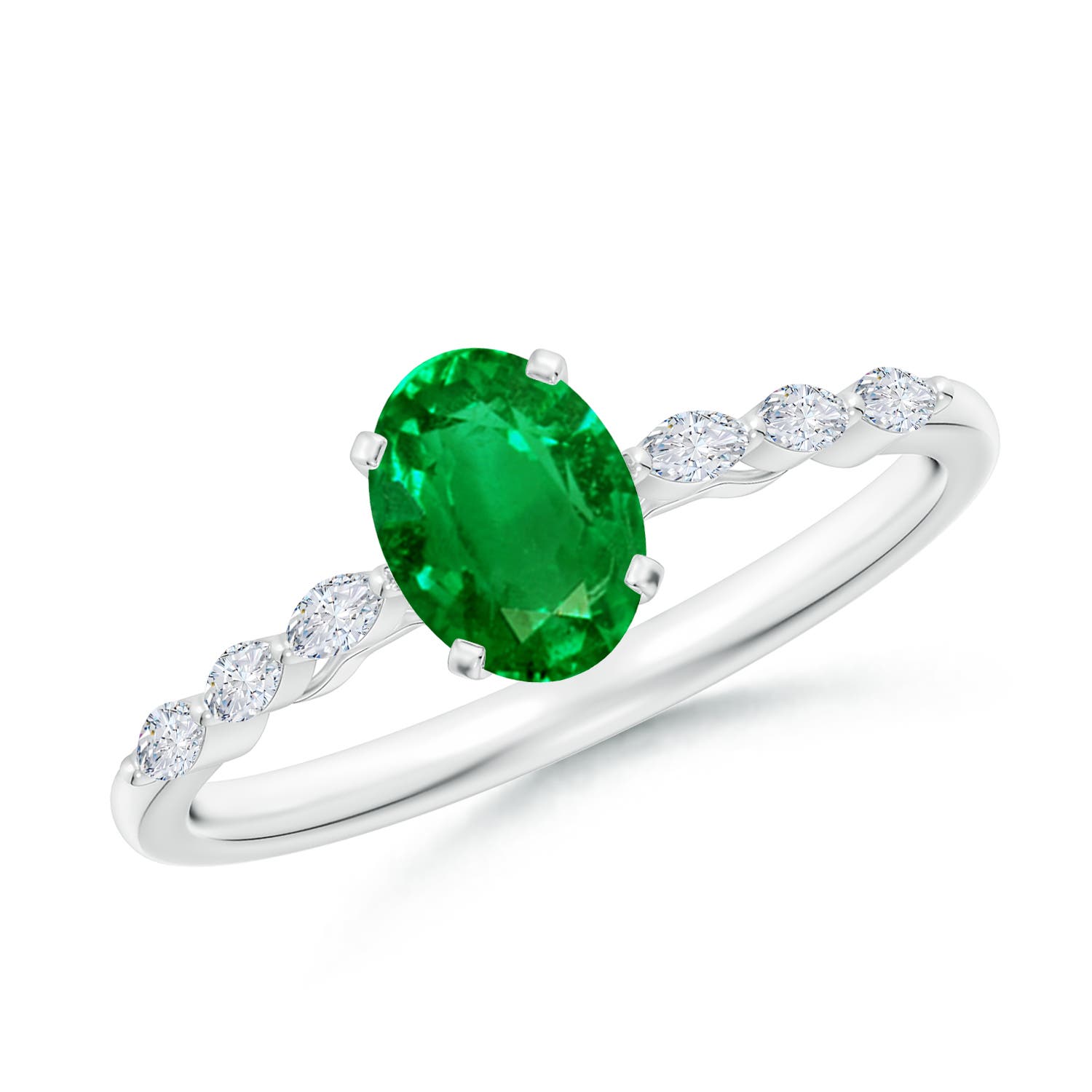 7x5mm AAAA Oval Emerald Engagement Ring with Marquise Diamonds in White Gold